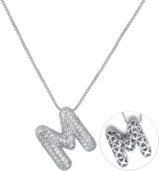 RWQIAN Letter Necklace for Women Bubble, Chunky Initial Alphabet A-Z Pendant Puffy Name Personalized Necklace Dainty Zircon CZ Fashion Jewelry Gifts for Girls Girlfriend