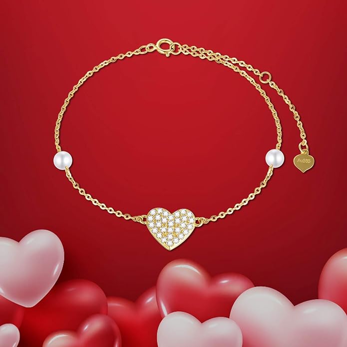 14k Gold Heart Anklet for Women, Real Gold Pearl Love Jewelry Ankle Bracelets Gifts for Wife/Girlfriend, Present for Her, 8.6"-10.2"