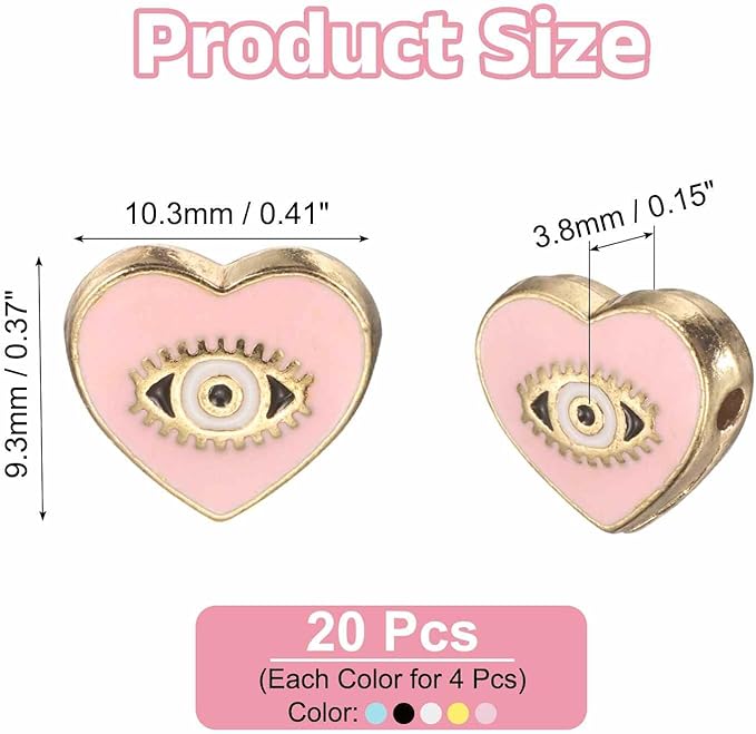MECCANIXITY 20 Pcs Heart Evil Eye Beads Colorful Flat Loose Spacer Evil Eye Charms for DIY Bracelet Earrings Necklace Crafts Jewelry Making, Pink/Sky Blue/Yellow/Black/White