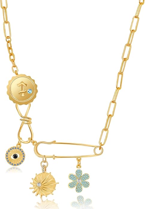MISS RIGHT Dainty Gold Evil Eye Hamsa Hand Coin Lucky Charm Pendant Necklace for Women Trendy Vintage Paperclip Chain Sun Moon Clover Flower Chunky Charm Necklace Jewelry Gifts