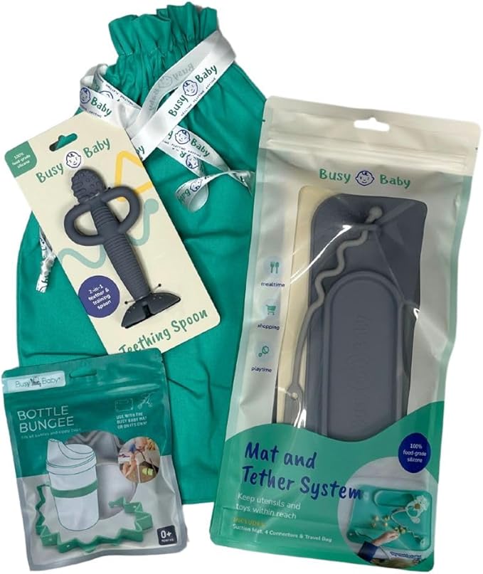 Busy Baby Gift Set - Includes 1 Busy Baby Mat 1 - Bottle Bungee 1- Teething Spoon and 4 Universal Bungee Straps in a Gift Bag, Keeps Baby Essentials Within Reach (Pewter)