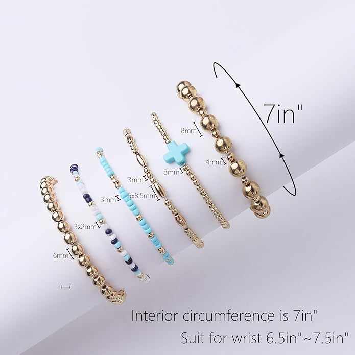 Gold Bracelets for Women Waterproof, 14K Gold Plated Beaded Cross Bracelets Set,Boho Stretch Bracelets Stackable Jewelry for Women Teenage Girls Jewelry Christmas Gifts