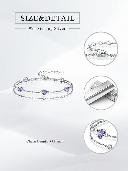 Birthstone Anklet/Bracelets for Women 925 Sterling Silver Charm Link Double Strand Heart Birthstone Jewelry Gift for Wife Women Mother's Day Gift
