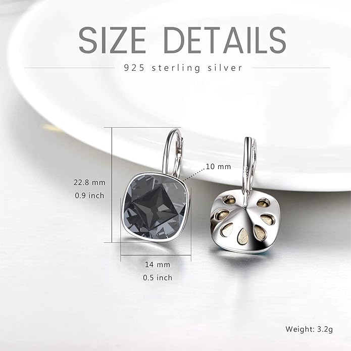 AOBOCO Sterling Silver Leverback Earrings Embellished with Crystals from Austria, Hypoallergenic Cushion Cut Square Crystal Earrings, Fine Anniversary Birthday Jewelry Gifts for Women
