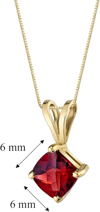 PEORA 14K Solid Yellow Gold Red Garnet Pendant for Women, Natural Gemstone Classic Solitaire, 1 Carat Cushion Cut, 6mm, Sparkling V-Day Gift, Women Gift Ideas w/Jewelry Box