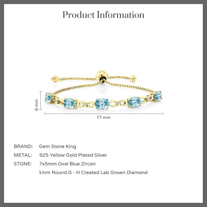 Gem Stone King 7X5MM Oval Cut Gemstone Birthstone and Accent Lab Grown Diamond Tennis Bracelet For Women In 18K Yellow Gold Plated Silver | Adjustable Bolo Bracelet For Women | Easy-On Easy-Off