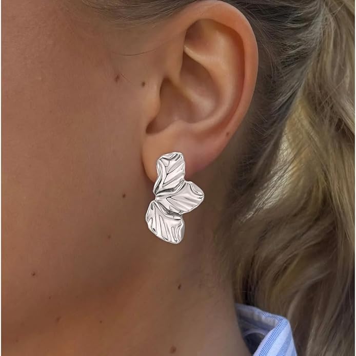 Chunky Gold Statement Earrings For Women Gold Plated Sectored Flower Leaf Shell Angel Wing Earrings Trendy Boho Jewelry For Women Large Stud Earrings Hypoallergenic Earrings