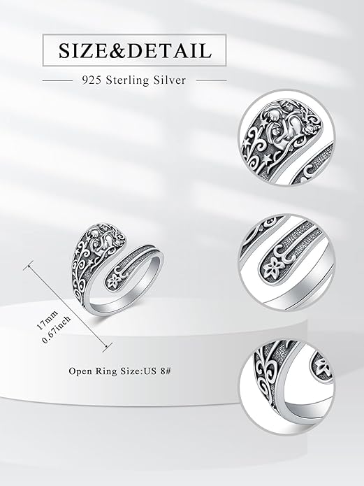 Midari Sun and Moon/Bee/Celtic/Life of Tree/Lotus Spoon Ring for Women 925 Sterling Silver Adjustable Ring Open Ring for Women Men Halloween Birthday Gift