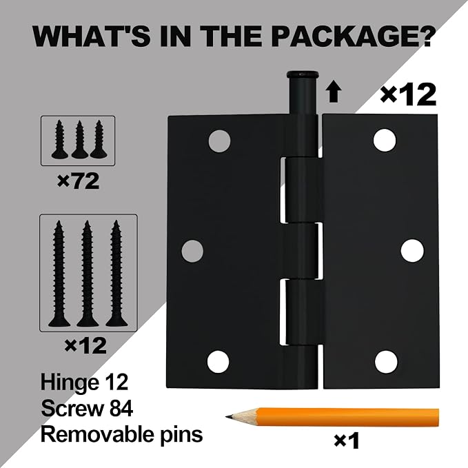 Vervida® 12 Pack Matte Black Door Hinges, 3.5 Inch Square Interior 3 1/2 Inch - Image 6