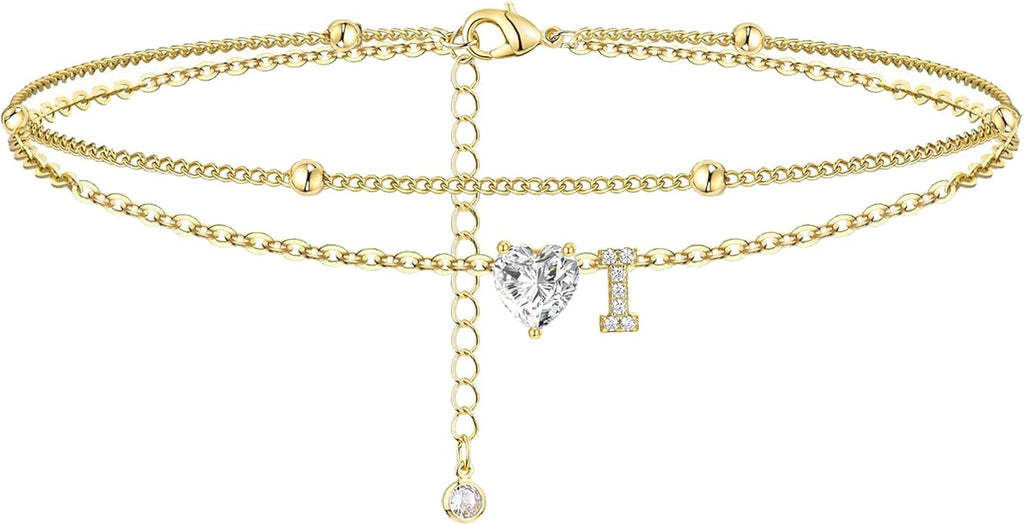 Ankle Bracelets for Women Waterproof 14K Gold Plated CZ Initial Anklet for Women Dainty Layered Letter Heart Ankle Bracelets Handmade Adjustable Foot Chain Anklet Summer Beach Jewelry