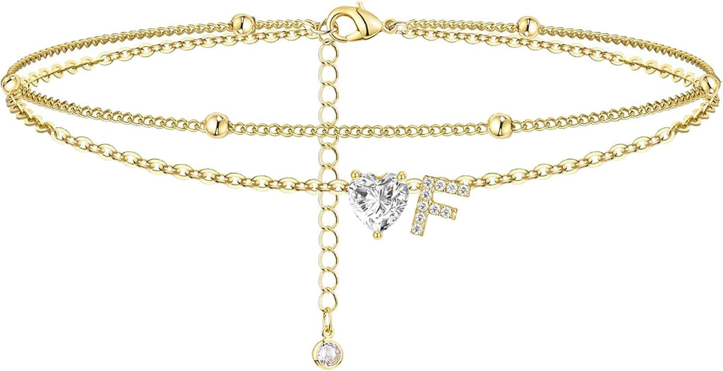 Ankle Bracelets for Women Waterproof 14K Gold Plated CZ Initial Anklet for Women Dainty Layered Letter Heart Ankle Bracelets Handmade Adjustable Foot Chain Anklet Summer Beach Jewelry