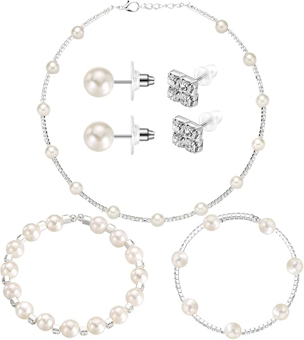 Glenmal Pearl Rhinestone Jewelry Set for Women Pearl Necklace Bracelet Earrings for Wedding Birthday Bridal Shower Tea Party