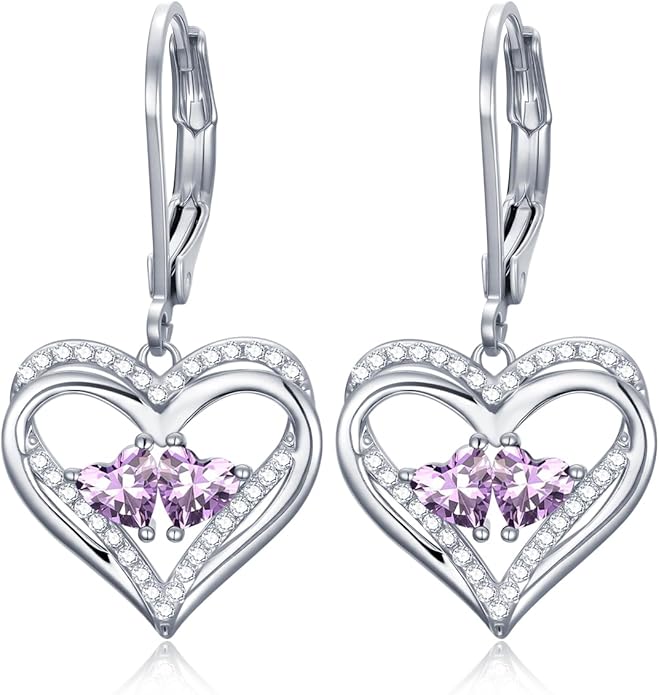 Valentines Day Gifts for Women, Heart Leverback Earrings Double Birthstone Dangle Earrings for Women, Love Jewelry for Her, Anniversary Birthday Gift for Mom Wife Girlfriend