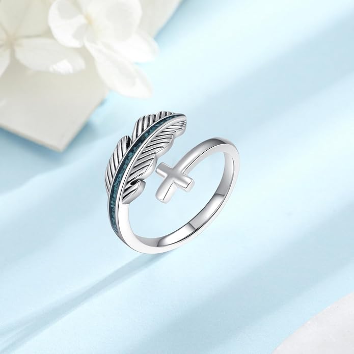 Turquoise/Moss Agate/Moonstone/Black Onyx/Lapis Lazuli/Labradorite/Tiger Eye Feather Ring 925 Sterling Silver Adjustable Ring Western Thumb Rings Vintage Jewelry Gifts for Women