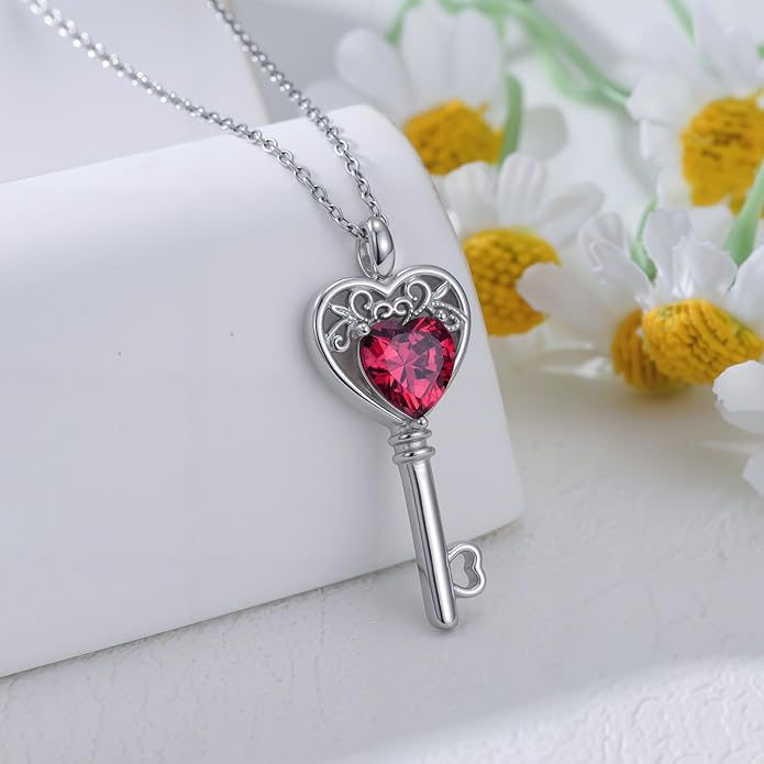 WSX Heart Key Birthstone Necklace for Women 925 Sterling Silver Love Key Pendant with Birthstone Valentine's Day Anniversary Jewelry Gift for Her