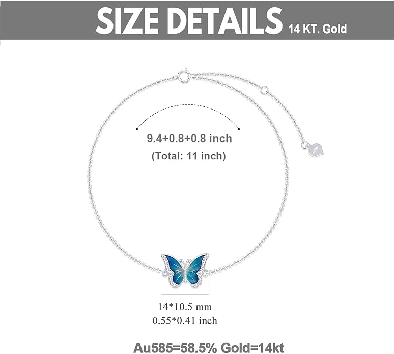 SISGEM 14k Gold Diamond Blue Butterfly Anklet for Women, 14 Karat Gold Ankle Bracelet Jewelry Gifts for Her (0.12 ct, 9.4-11 Inch)