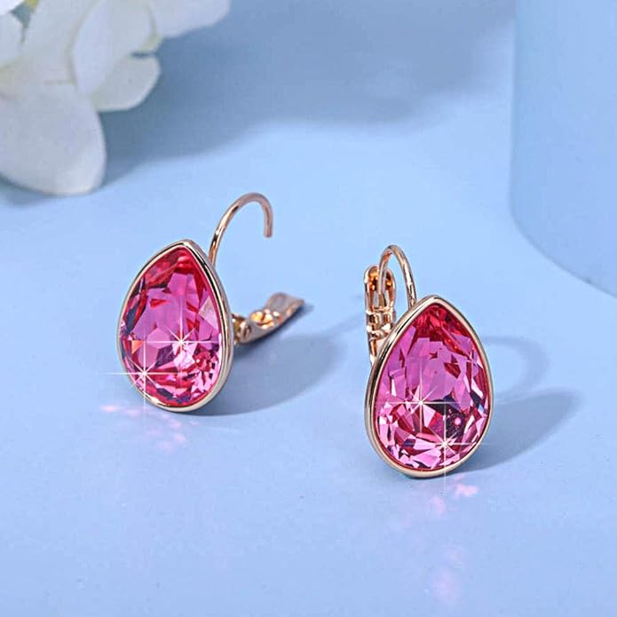 Teardrop Austrian Crystal Leverback Drop Earrings for Women 14K Rose Gold Plated Hypoallergenic Jewelry