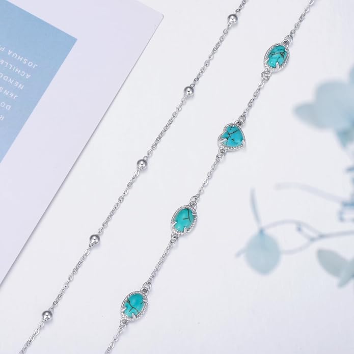 Gemstone Anklet for Women 925 Sterling Silver Gemstone Adjustable Layered Foot Bracelet Jewelry Gifts for Mother Wife