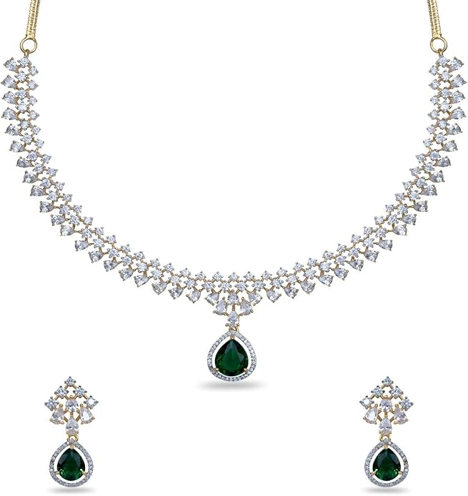 TARINIKA Green and White Cubic Zirconia(CZ) Indian Necklace Set with Earrings, Gold Plated Brass Fashion Indian Jewelry Gift for Women Bollywood Costume Jewellery