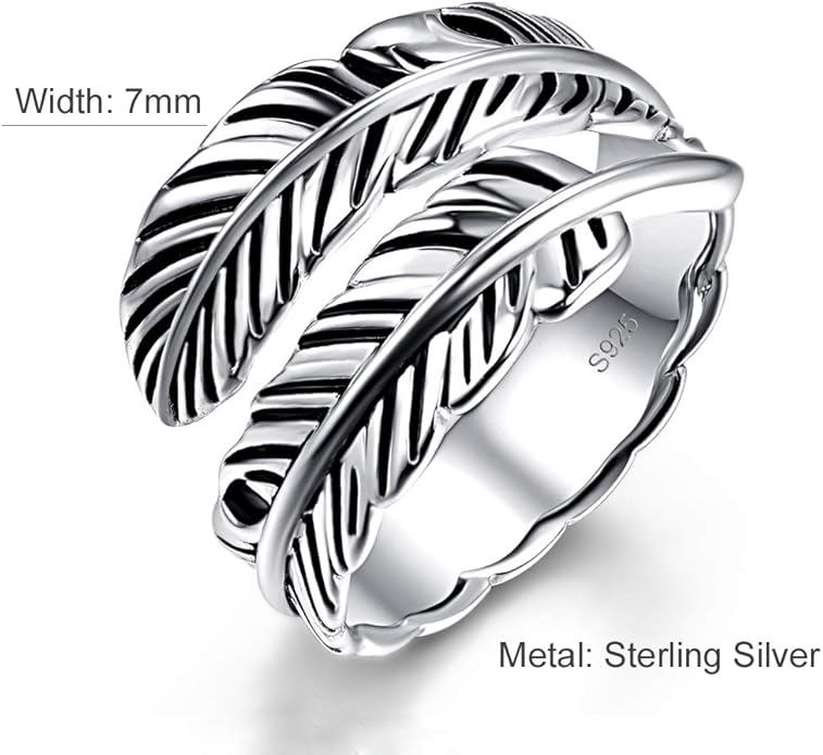 Sterling Silver Feather Ring with Black Onyx & Turquoise - Adjustable Stacking Vintage Statement Ring for Women & Men