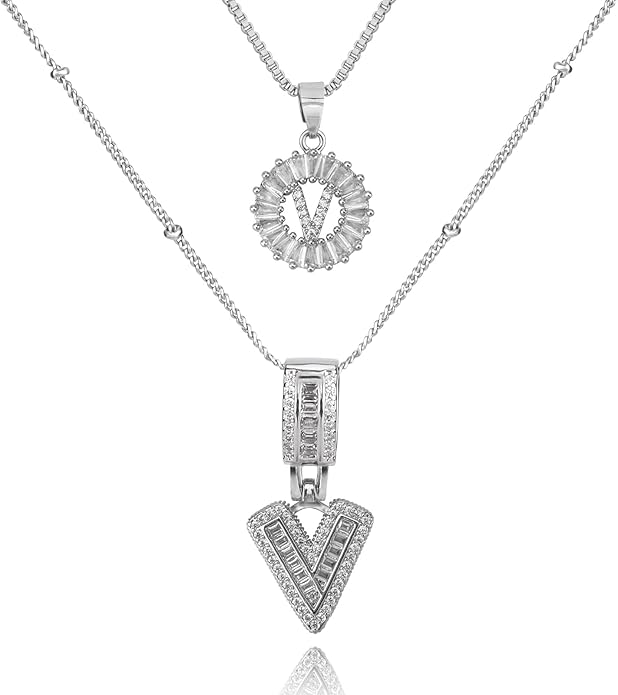 Initial Letter Necklace for Women 14k White Gold Silver Plated Dainty Necklaces Trendy Chunky Custom Layered Necklace Set Personalized Round Circle Zirconia A-Z Letter Chain Pendant Jewelry Gift
