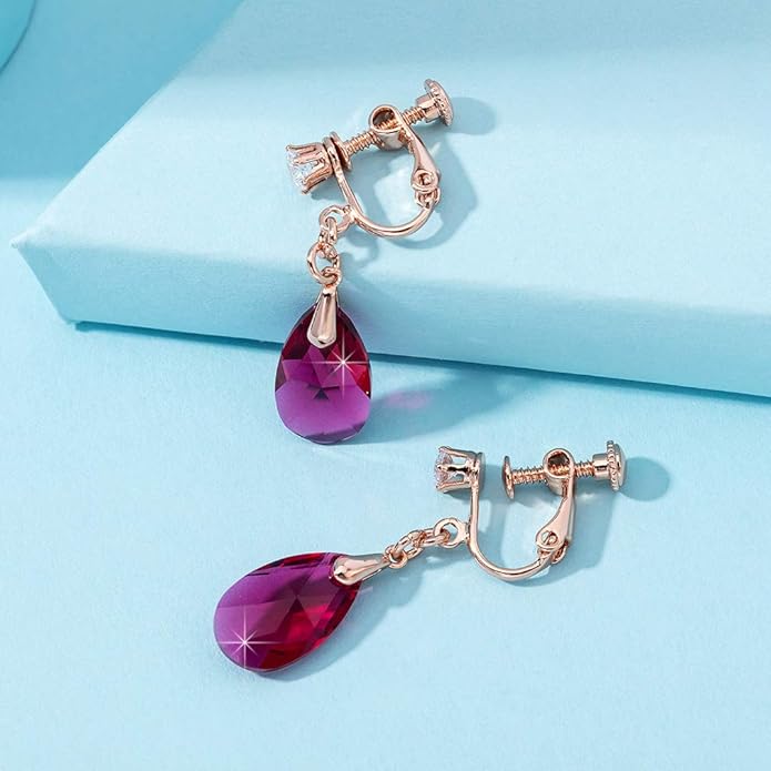 Teardrop Austrian Crystal Drop Clip On Dangle Earrings for Women Non Pierced 14K Rose Gold Plated Hypoallergenic Jewelry