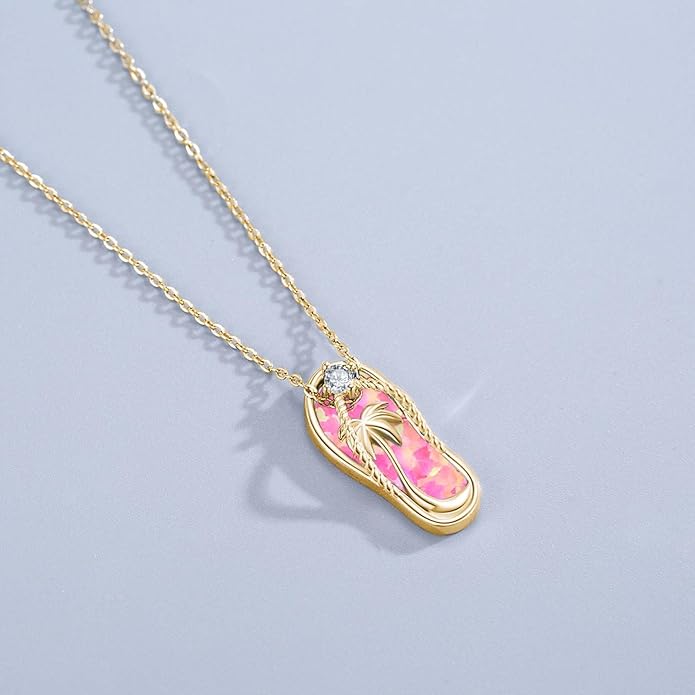Midir&Etain Ocean Necklace 925 Sterling Silver Blue Opal Necklace Starfish/Flip Flop/Shark Pendant Beach Ocean Jewelry for Women