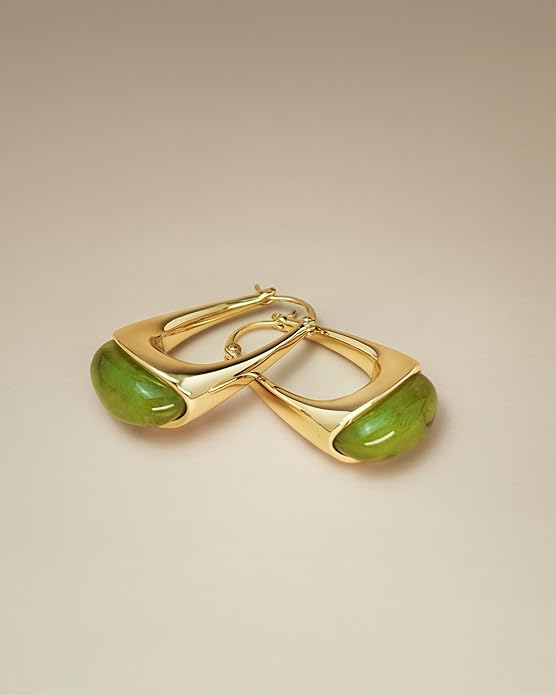 Long Oval Chunky Dangle 18K gold plated Hoops with Colored Resin Gemstone Statement Earrings for Women by SNGIA, (Green, Brown, Blue, Pink, White, Cream), Bold Drop Handmade Exaggerated Irregular Trendy Bohemian Jewelry Gifts, Unique Dangling Teardrop ...
