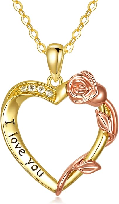 14K Solid Gold Rose Flower/Sunflower Necklaces for Women Flower Heart Pendant Necklace Love Sunshine Jewelry Anniversary Valentine's Day Birthday GiftS for Women Wife Girlfriend Her Mom