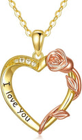 14K Solid Gold Rose Flower/Sunflower Necklaces for Women Flower Heart Pendant Necklace Love Sunshine Jewelry Anniversary Valentine's Day Birthday GiftS for Women Wife Girlfriend Her Mom