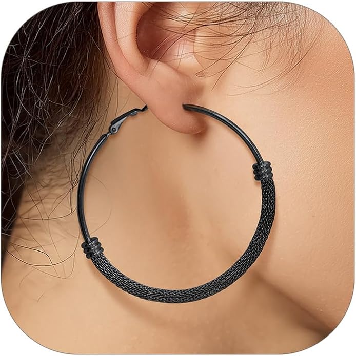 KeyStyle Mesh Hoop Earrings for Women, Stainless Steel Gold Hoops Earring Lightweight Loops, 2MM Thick Hypoallergenic Circle Endless Hollow Hoop 20mm-80mm