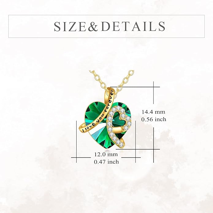 KECHO 14K Real Gold I Love You Forever Necklace Solid Yellow Gold Heart Birthstone Crystal Pendant Jewelry Birthday Mother's Day Anniversary Christmas Gifts for Women