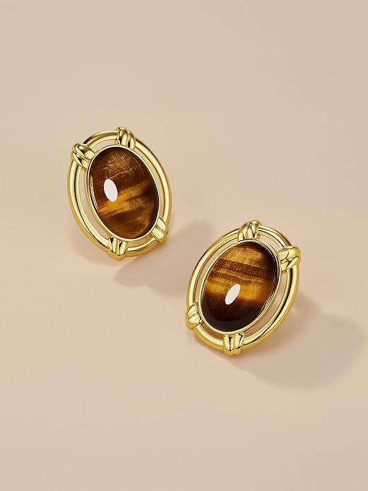 Large Oval Button Chunky 18K gold plated Tiger Eye Gemstone Statement Earrings for Women by SNGIA, Big Brown Amber Bold Handmade Exaggerated Dome Retro Rounded Button Half Ball Trendy Bohemian Jewelry Gifts, Unique Baroque Stone Summer Beach Fashion Ea...