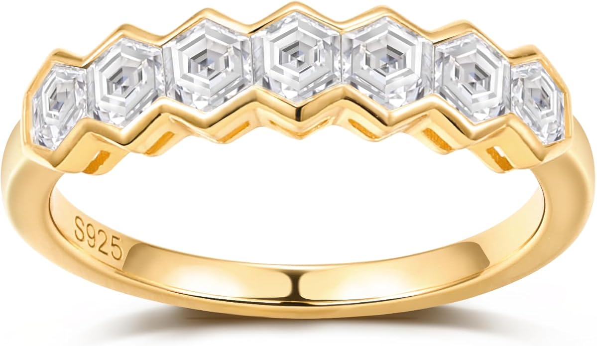 FWM D Color VVS1 Clarity Moissanite Hexagonal Eternity Rings for Women, Solid 925 Sterling Silver, Size 4-11, Stackable Wedding Band, Anniversary Mothers Day Valentines Jewelry