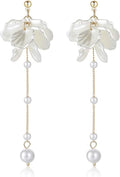Kruckel Pearl Flower Long Drop Dangling Earrings - Cute Sparkly Golden Stud Lightweight Women Jewelry, White Petal Dangles, Easy - Wear Fashion Design Accessory with Durable Jewelry Box