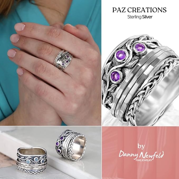 Paz Creations 925 Sterling Silver Spinner Rings for Women With Natural Gemstones - Hammered Pattern Thick Band - Handcrafted Artisan Jewelry - Fidget Rings - Gift For Her