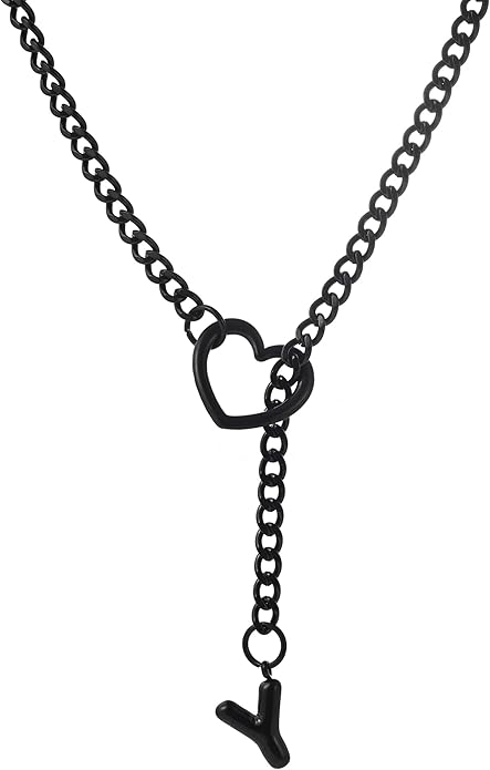 Black Heart Slip Chain Initial Necklaces for Women,Stainless Steel O-Ring Adjustable Lariat Heart Y-Necklace,Punk Gothic Cuban Collar Choker Necklace for women