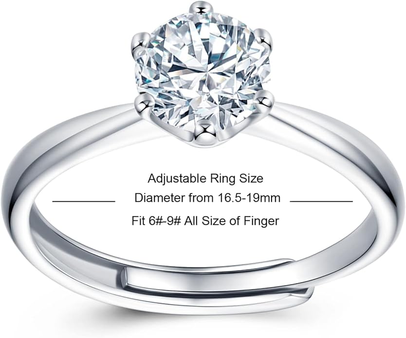 Atylyk 1 Carat Moissanite Adjustable Engagement Ring Wedding Promise 925 Sterling Silver Solitaire Rings for Women