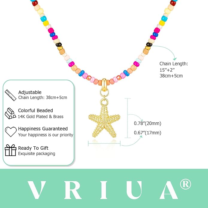 VRIUA Colorful Beaded Necklaces for Women – Summer Beach Boho Starfish, Conch, Shell, Pearl, Palm tree Pendant Necklace Jewelry