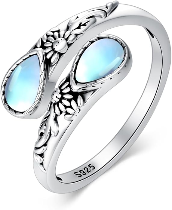 Moonstone Ring for Women 925 Sterling Silver Adjustable Open Ring Boho Statement Jewelry Gift for Her