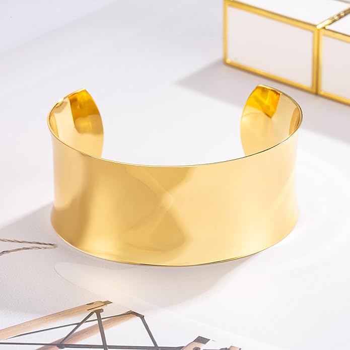 Dankadi Women 925 Sterling Silver Curved Bangle 30MM Wide Grooved Cuff Bangle Shiny Punk Open Bracelet Adjustable Plated 24k Gold/Rose Gold Jewelry Gift