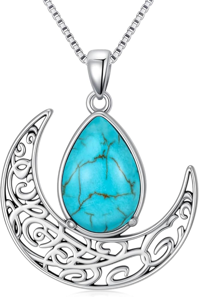 RMREWY Genuine Turquoise Crescent Moon Teardrop Pendant Necklace,925 Sterling Silver Native American Boho Western Dainty Pendant Real Gemstone Jewelry Birthdays Gift for Women Moon Lover