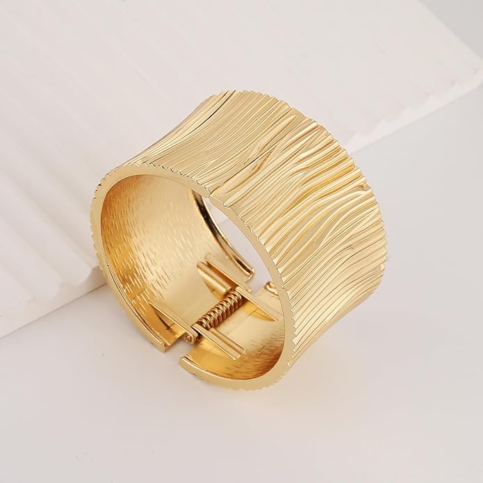 HZMAN 18K Gold Plated Wide Cuff Bracelet for Women - Premium Alloy Shiny Polished Double Layer Statement Bangle, Trendy Daily Wear Party Jewelry Accessory