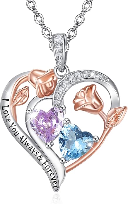 Valentine's Day Gifts for Wife 925 Sterling Silver Double Birthstone Pendant Necklaces I Love You for Always and Forever Necklace Anniversary Birthday Gifts for Wife Girlfriend Mom Her