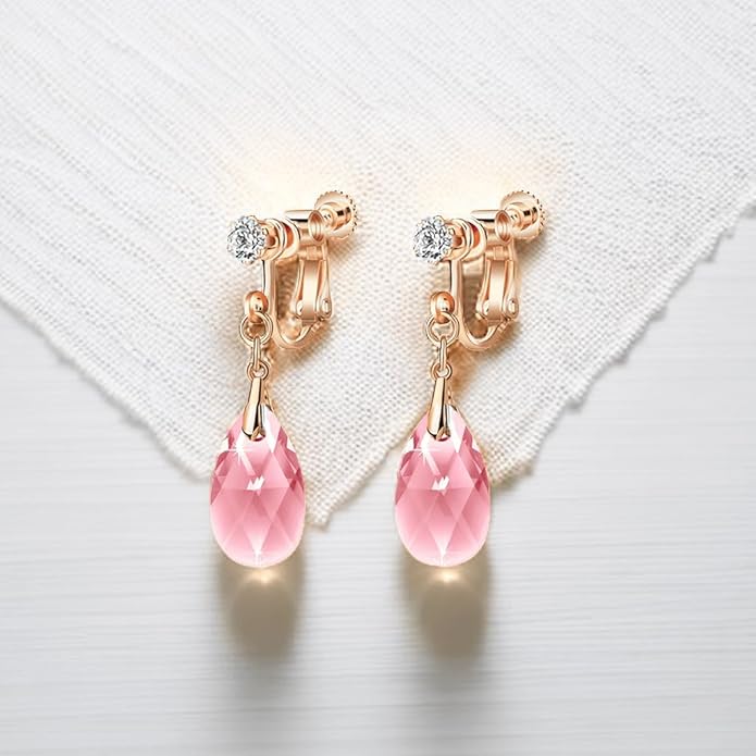 Teardrop Austrian Crystal Drop Clip On Dangle Earrings for Women Non Pierced 14K Rose Gold Plated Hypoallergenic Jewelry