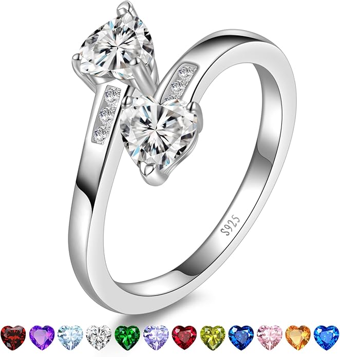 1CT Adjustable Women Heart Ring 925 Sterling Silver Birthstone Rings for Women Promise Ring for her Simulated Gemstone Statement Stackable Band Width 2mm Open Size 5~9