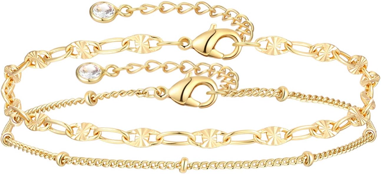 Dainty Layered Gold Chain Bracelet for Women 14K Gold Plated Handmade Adjustable Bracelet Satellite Beads Oval Mariner Figaro Link Chain Bracelets Minimalist Layering Stacking Jewelry Gift for Women