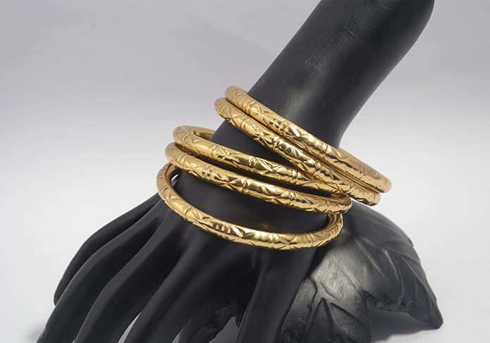 Pure Hands Handmade Brass Pipe Bangle Set – Embossed Round Bangles in Golden Finish with Abstract Design – Tarnish Resistant PU Coated – Sine qua non Collection Jewelry