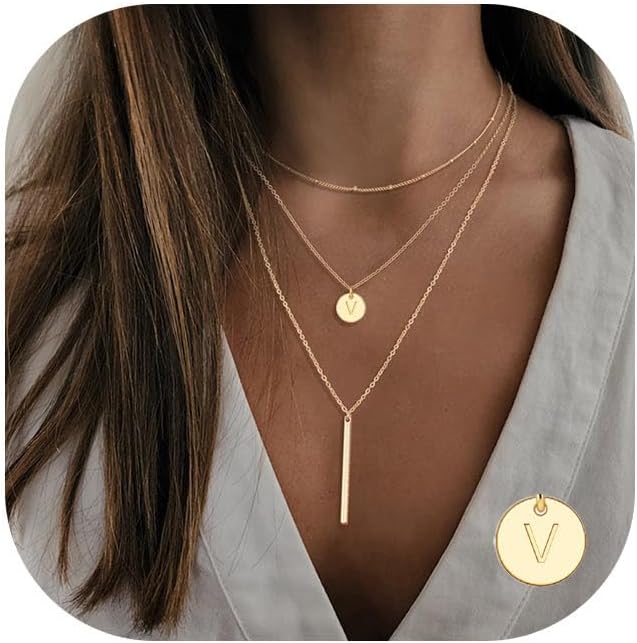 Valentines Gifts for Her - Initial Layered Necklaces for Women, 14K-Gold-Plated Coin Letter Necklace Bar Stacking Layer Necklace Multi Bar Layering Y-Necklaces Jewelry for Women