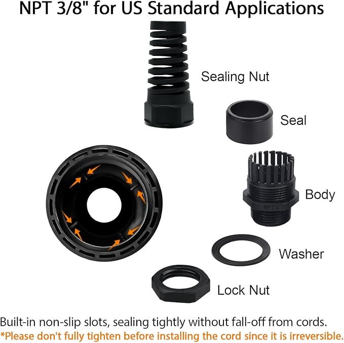 10Pcs NPT 3/8" IP68 Waterproof Cable Gland Flex Spiral Strain Relief Black - Image 3